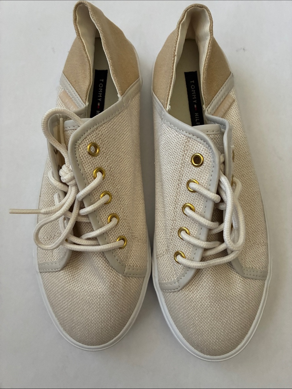 Tommy Hilfiger Cream Canvas Lace-Up Sneakers with Gold Eyelets